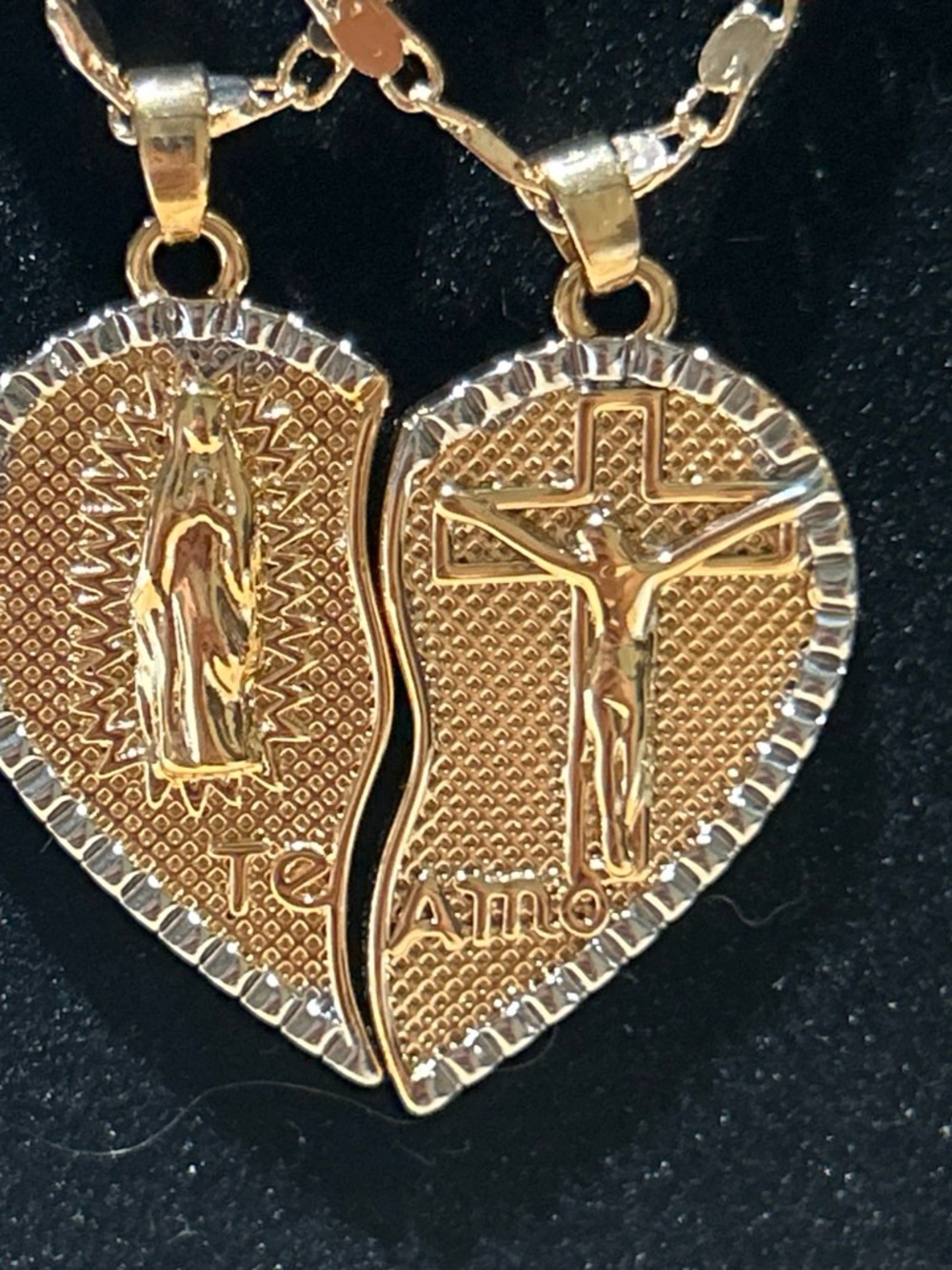 Gold-Tone Split Heart Religious Pendant couple Necklace Set